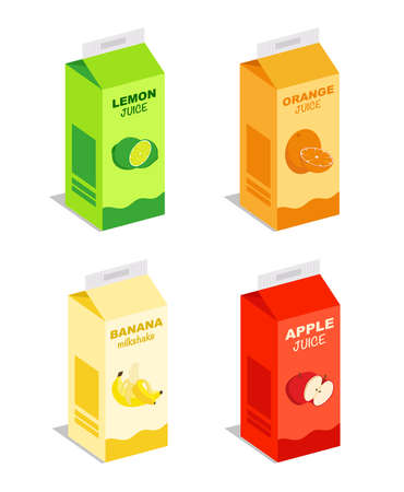 Carton box of orange juice, apple, lemon and banana smoothie. Juice pack template. Fruit icons, symbols, logos. Juice carton pack. Drink small box illustration.のイラスト素材