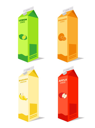 Carton box of orange juice, apple, lemon and banana smoothie. Juice pack template. Fruit icons, symbols, logos. Juice carton pack. Drink small box illustration.のイラスト素材