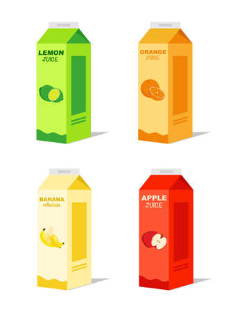 Carton box of orange juice, apple, lemon and banana smoothie. Juice pack template. Fruit icons, symbols, logos. Juice carton pack. Drink small box illustration.のイラスト素材