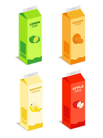 Carton box of orange juice, apple, lemon and banana smoothie. Juice pack template. Fruit icons, symbols, logos. Juice carton pack. Drink small box illustration.のイラスト素材