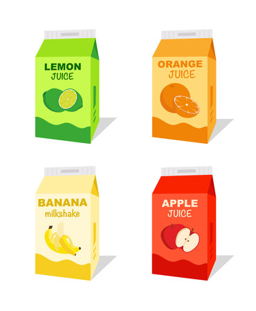 Carton box of orange juice, apple, lemon and banana smoothie. Juice pack template. Fruit icons, symbols, logos. Juice carton pack. Drink small box illustration.のイラスト素材