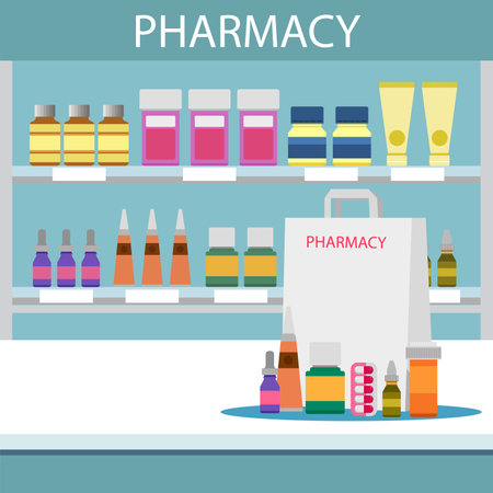 Pharmacy interior with counter, medical products and pills on shelves. shopping bag with different medicines.のイラスト素材