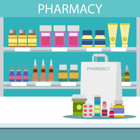 Pharmacy interior with counter, medical products and pills on shelves. shopping bag with different medicines.のイラスト素材