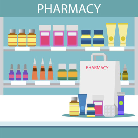 Pharmacy interior with counter, medical products and pills on shelves. shopping bag with different medicines.のイラスト素材