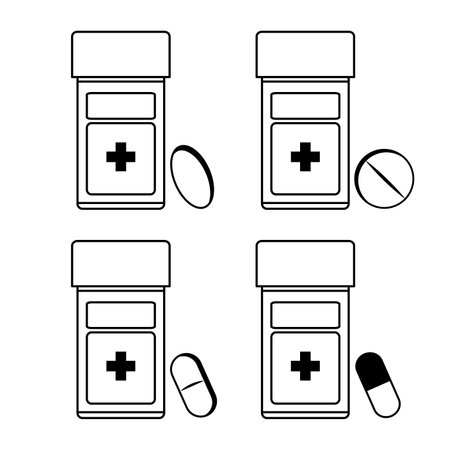 Bottles with various medicines in black and white. Pills, vitamins and tablets. vector illustration in flat styleのイラスト素材