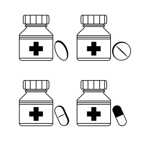 Bottles with various medicines in black and white. Pills, vitamins and tablets. vector illustration in flat styleのイラスト素材