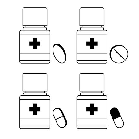 Bottles with various medicines in black and white. Pills, vitamins and tablets. vector illustration in flat styleのイラスト素材