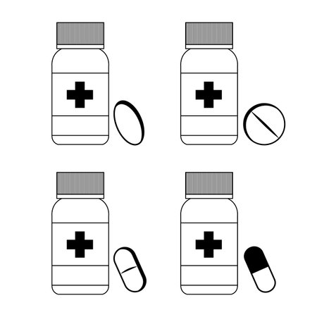 Bottles with various medicines in black and white. Pills, vitamins and tablets. vector illustration in flat styleのイラスト素材