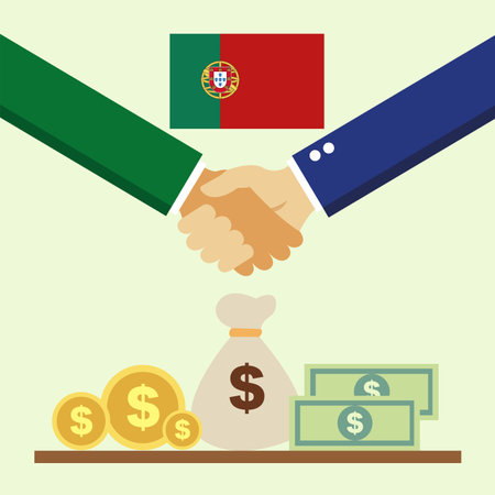 Business project for Portugal. Cash transactions. handshake between partners. vector illustrationのイラスト素材