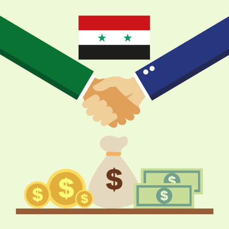 Business project for Syria. Cash transactions. handshake between partners. vector illustrationのイラスト素材