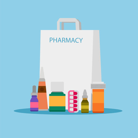 Pharmacy bag with medicines. Vector illustration in flat style.のイラスト素材