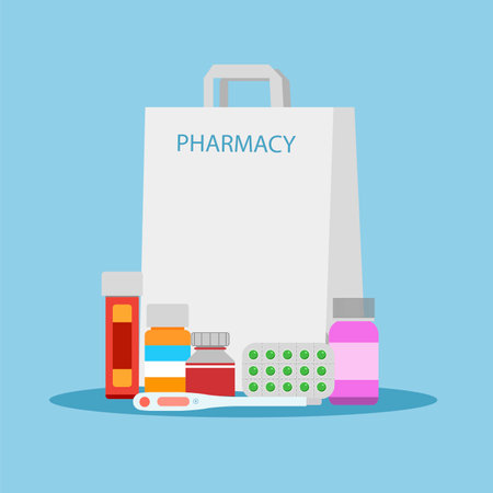 Pharmacy bag with medicines. Vector illustration in flat style.のイラスト素材
