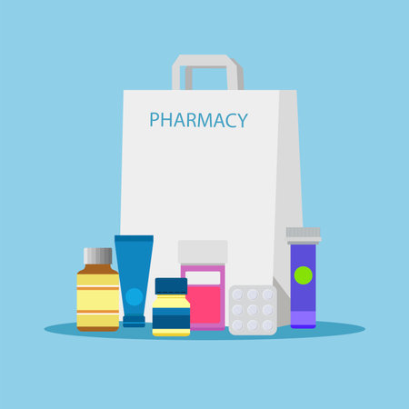Shopping bag with pills and vitamins. Vector illustration in flat styleのイラスト素材