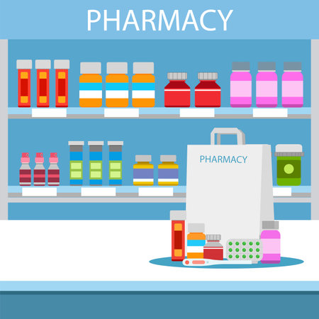 Pharmacy and drug store. Pharmacy drugstore. Vector illustration.のイラスト素材