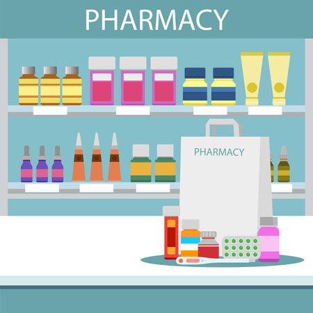 Pharmacy and drug store. Vector illustration in flat style.のイラスト素材