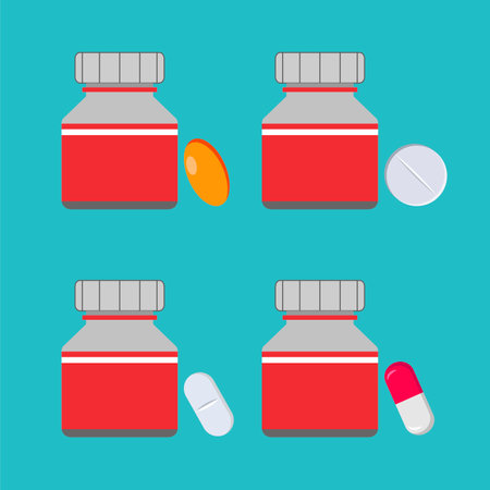 Medicine bottle and pills set. Vector illustration in flat style.のイラスト素材