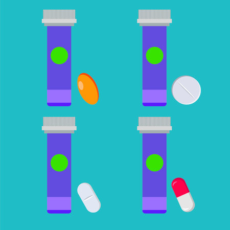Pills and capsules on a blue background. Vector illustration in flat style.のイラスト素材