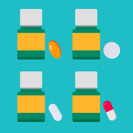Set of pills and capsules in flat design style. Vector illustration.のイラスト素材