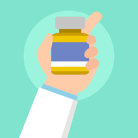 Medicine bottle in hand. Vector illustration in flat design style.のイラスト素材