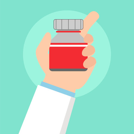 Hand holding a medicine bottle. Vector illustration in flat design style.のイラスト素材