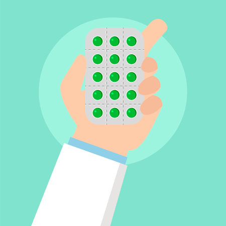 Hand holding a pack of pills. Vector illustration in flat style.のイラスト素材