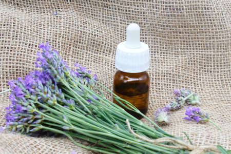 Spring of lavender on a wooden background with a glass bottle to make oilの写真素材