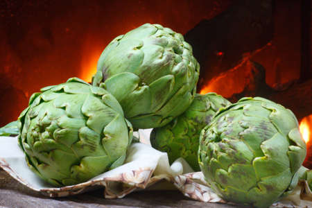 Artichoke on rustic background of organic cultivation in del Prat de Llobregat in Cataloniaの写真素材