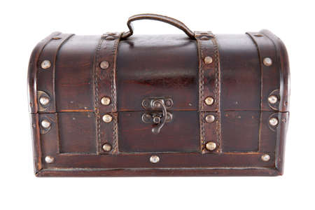 Old wooden chest, closed. Isolated over white backgroundの写真素材