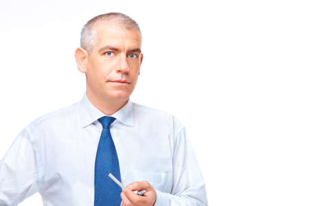 Mature man smoker with cigarette and lighter in hand, isolated over white backgroundの写真素材