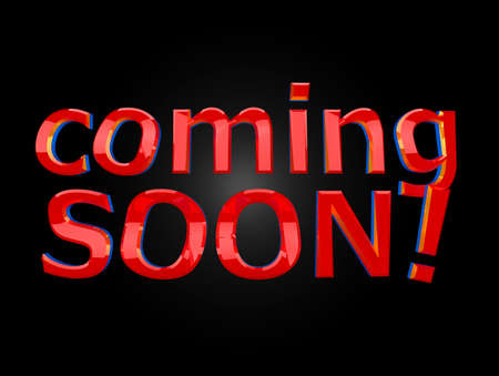 Comming soon reflective red text over black backgroundの写真素材