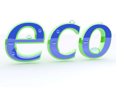 Word eco with water drops dew isolated over white background. Concept of ecological life style or water safe.の写真素材