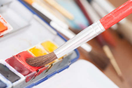 Professional watercolor paints with artistic brushの写真素材