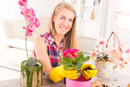 Beautiful young woman planting colorfull flower in a flowerpot at her homeの写真素材