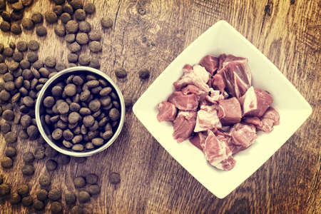 Meat in a bowl as opposite of dry dog'd food