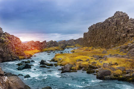 River Oxara near the Oxarafoss waterfall, Iceland inThingvellir National Park.