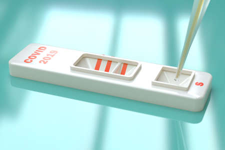 COVID19 SARS virus quick test. Rapid Covid 19 test with pipette putting a sample. 3d illustration....