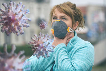 Woman wearing a real anti-pollution and anti-viruses face mask outside. SARS COVID-19 pandemic conceptの写真素材