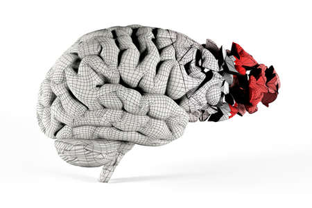Shattered brain covered with mesh. Conceptual 3d illustration helpful for in visualizing brain...