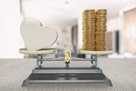 Balance scale with heart and money on two sides. The concept of expensive treatment, heart problems or, for example, relationship or marriage decisions; 3d illustrationの写真素材