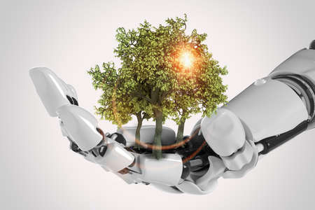 Robotic cyborg hand, nature and technology abstract concept, 3d renderingの写真素材