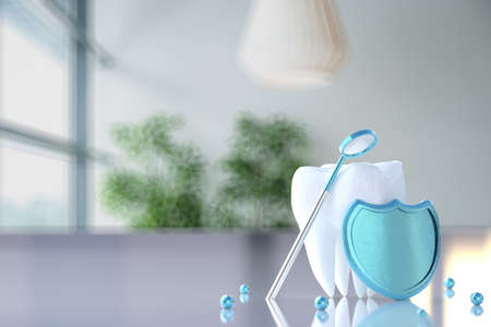 Shield with a dental mirror near a tooth. Concept of dental care and regular dental checkup and treatment. 3d illustrationの写真素材