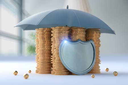 Gold coins protected by an umbrella and a shield. Concept for insurance protection, safe banking or other things related to securing property. 3d illustrationの写真素材