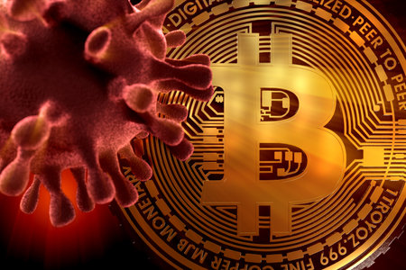Bitcoin in times of crisis caused by coronavirus covid 19 pandemic 3d illustrationの写真素材