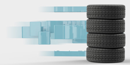 Four tires stacked on top of each other. Good graphics for use as a background or banner for a tire store, storage room, tire service. 3d illustration on white.の写真素材