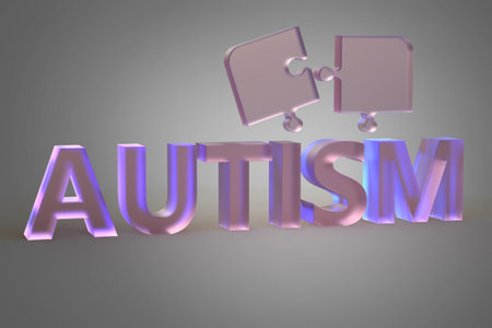 Autism word, modern style lettering with puzzles and copy space, 3d illustration