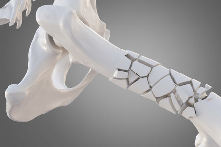Broken dog femur bone with visible other bones. Canine skeleton 3d illustrationの写真素材