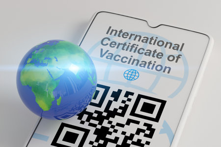 passport, certificate of person vaccinated . International Certificate Of Vaccination, QR code on mobile phone, Earth globe, 3d illustration.の写真素材