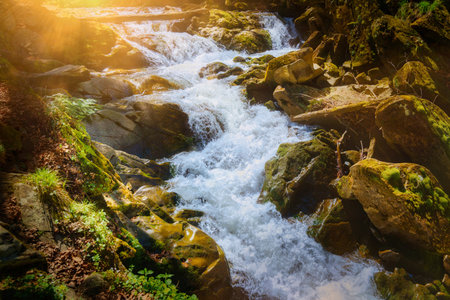 Szepit waterfall on Hylaty stream in Bieszczady, Poland. Officially the largest waterfall in these mountains.の写真素材