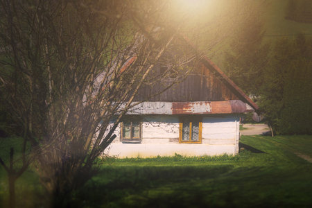 An old cabin in the mountains. Historic old wooden house in Polish mountains Bieszczady, cottage in...