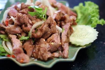 Spicy BBQ Pork Salad, spicy grilled pork saladの写真素材